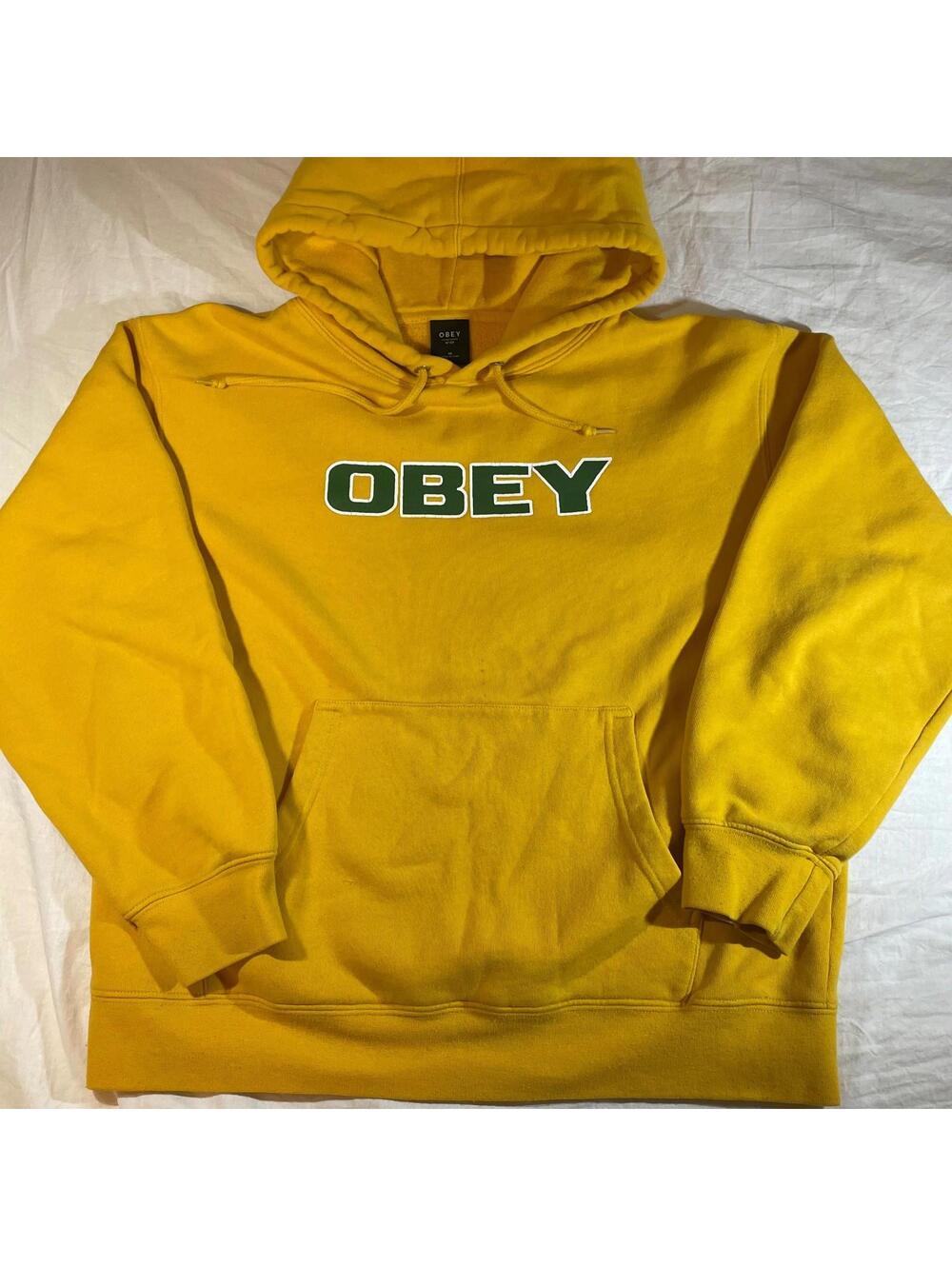Y2K Obey Hoodie Mens Medium Yellow Spell Out Logo Pullover Drawstrings *READ*